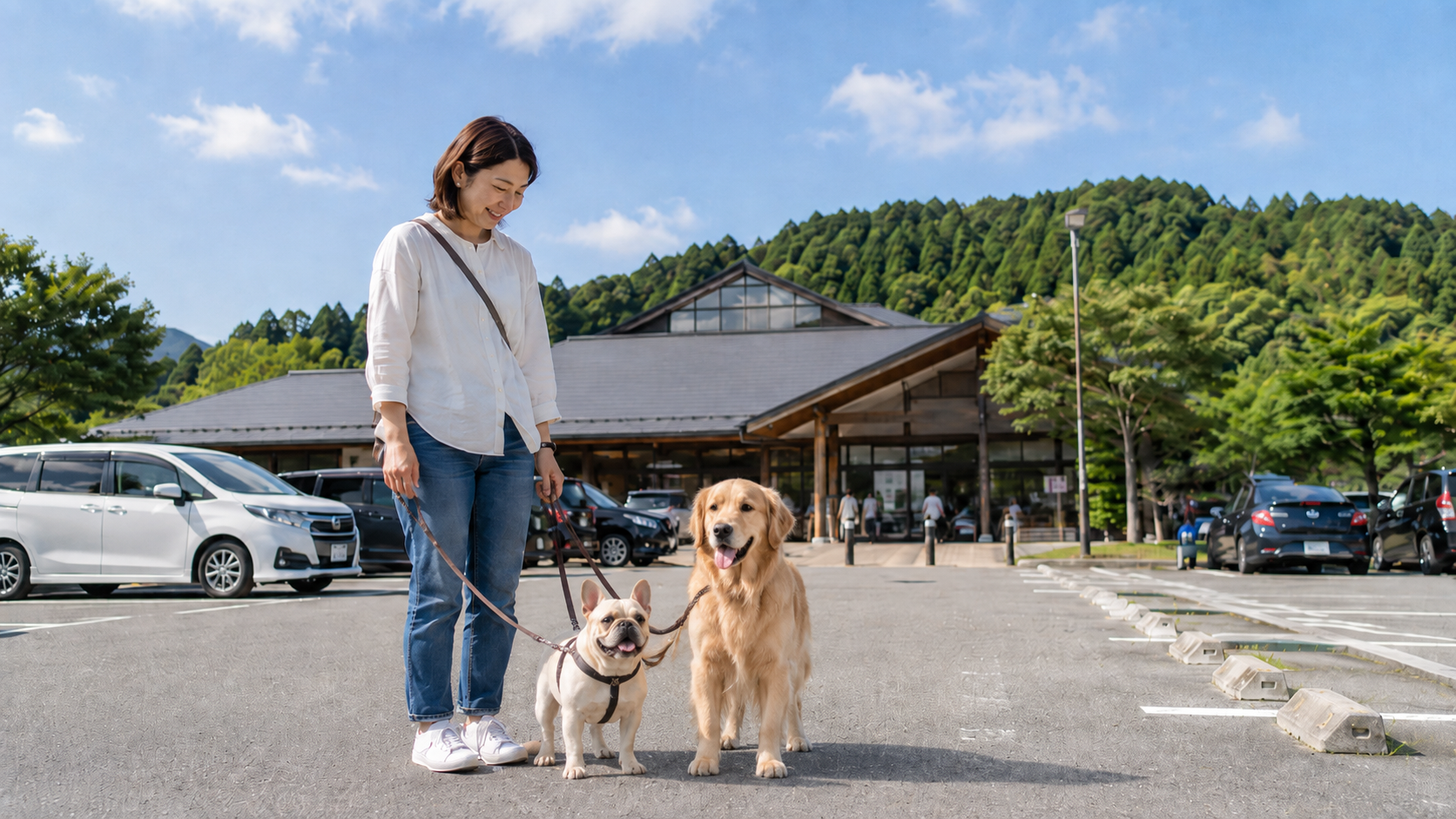 道の駅の駐車場で、フレンチブルドッグとゴールデンレトリーバーを連れた女性