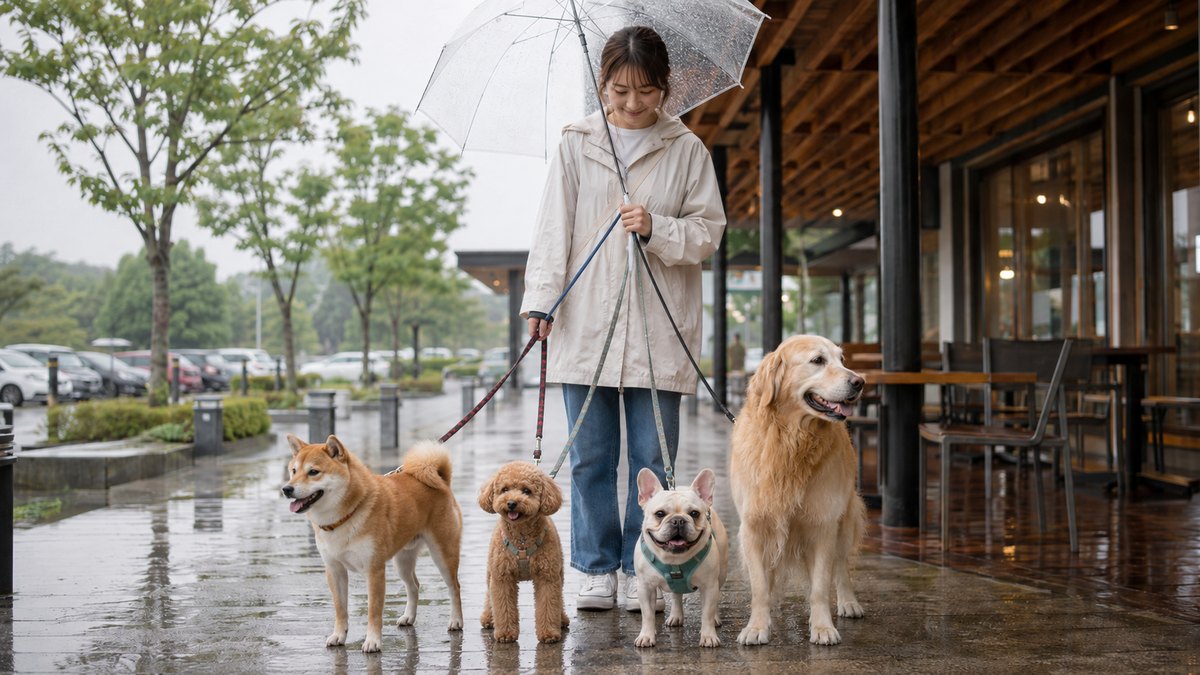 雨の日に傘をさして犬と歩く人