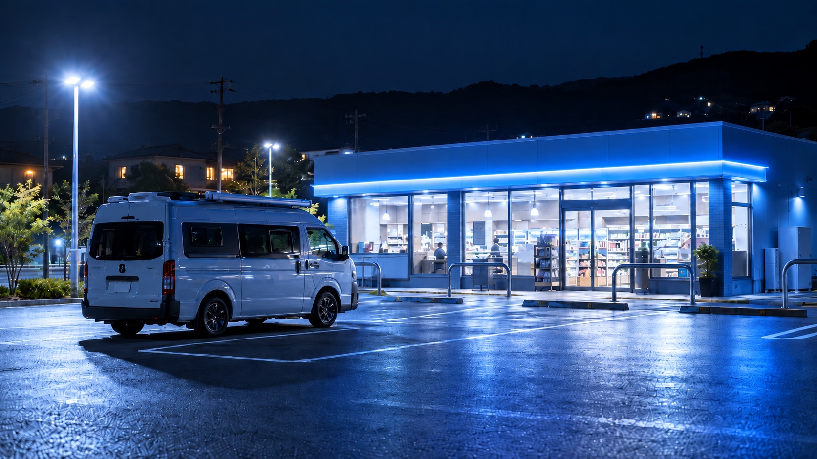 夜のコンビニ駐車場。予約して車中泊できるローソンをまとめた記事。