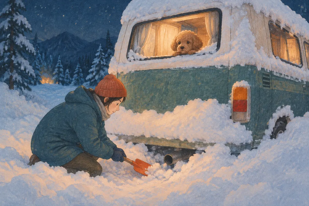 雪に埋もれた車のマフラーまわりを、スコップで雪かきする人（イラスト）