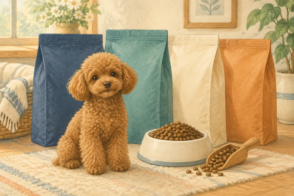 ドッグフードの袋の前に座る犬(イラスト)