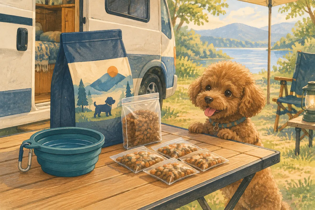 水入れとフードを前にした犬(イラスト)