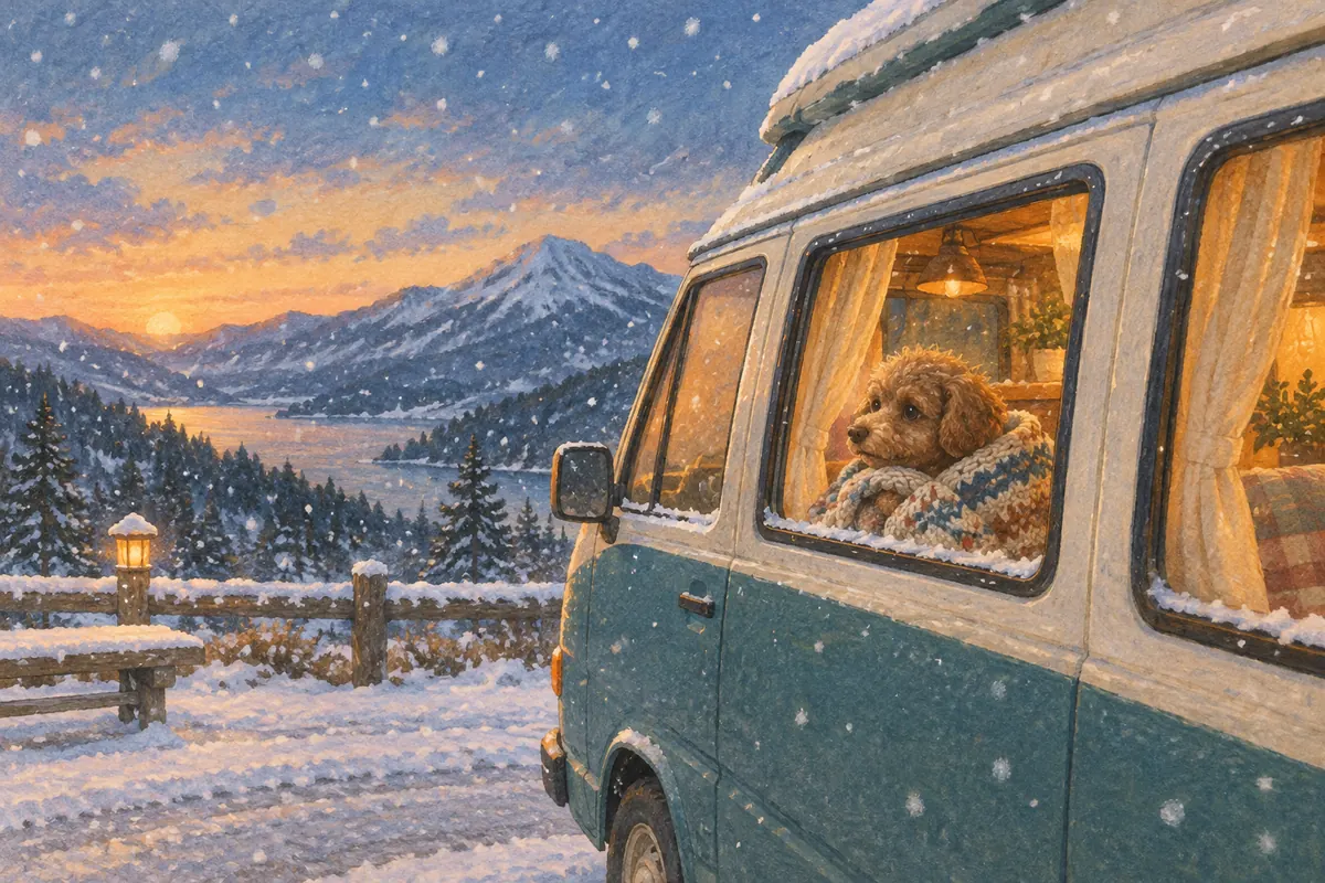 雪の夕暮れ、毛布にくるまって車の窓から外を見る犬(イラスト)