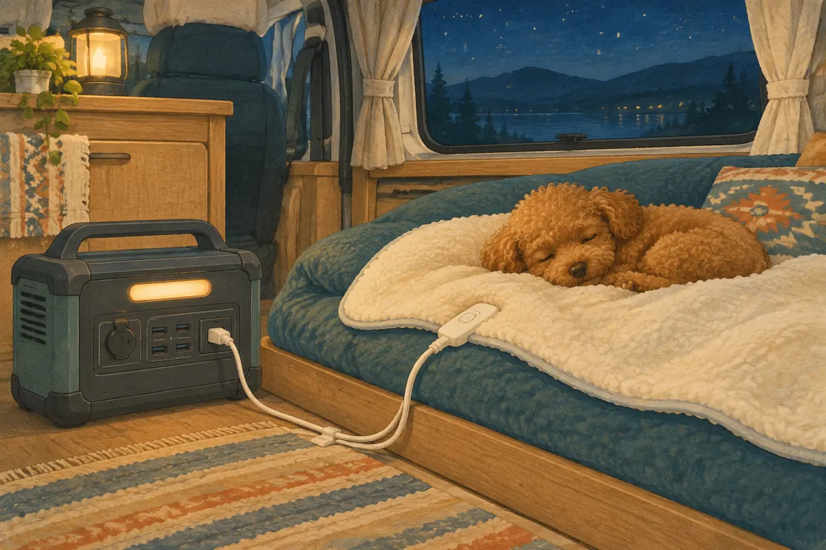 ポータブル電源と電気毛布で眠る犬(イラスト)