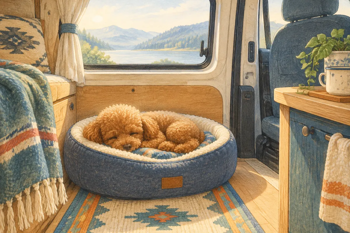 いつものベッドで眠る犬(イラスト)