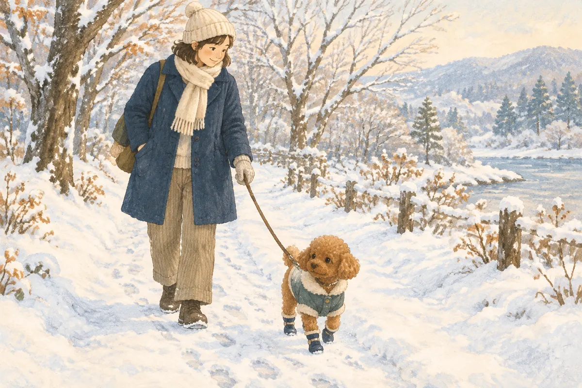 雪道を靴をはいて歩く犬(イラスト)