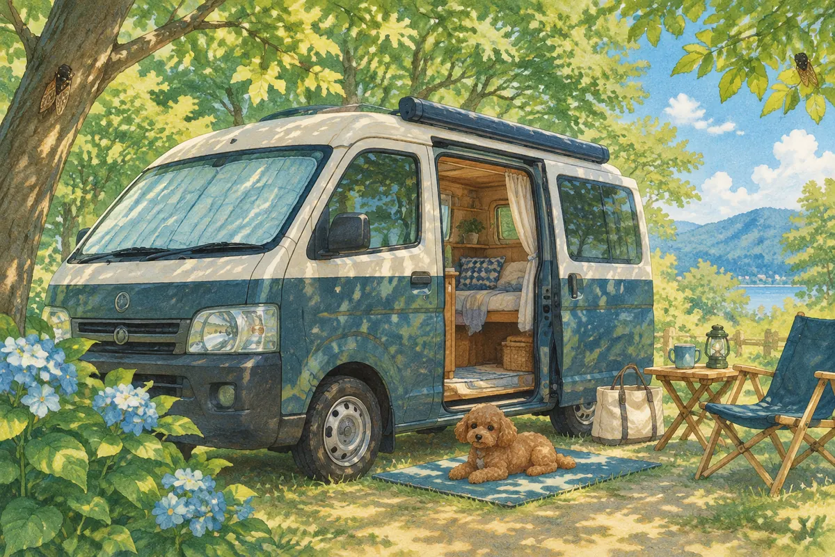 木かげの車と冷感マットの犬(イラスト)