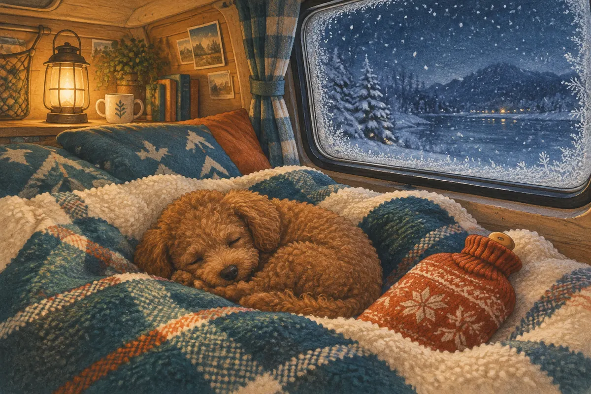 毛布にくるまって眠る犬と湯たんぽ(イラスト)