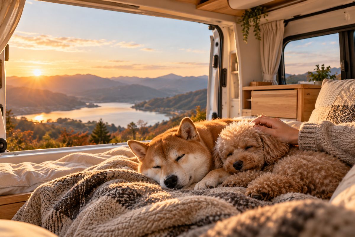 キャンピングカーの車内で、毛布の上で眠る柴犬とトイプードル。飼い主の手がなでている